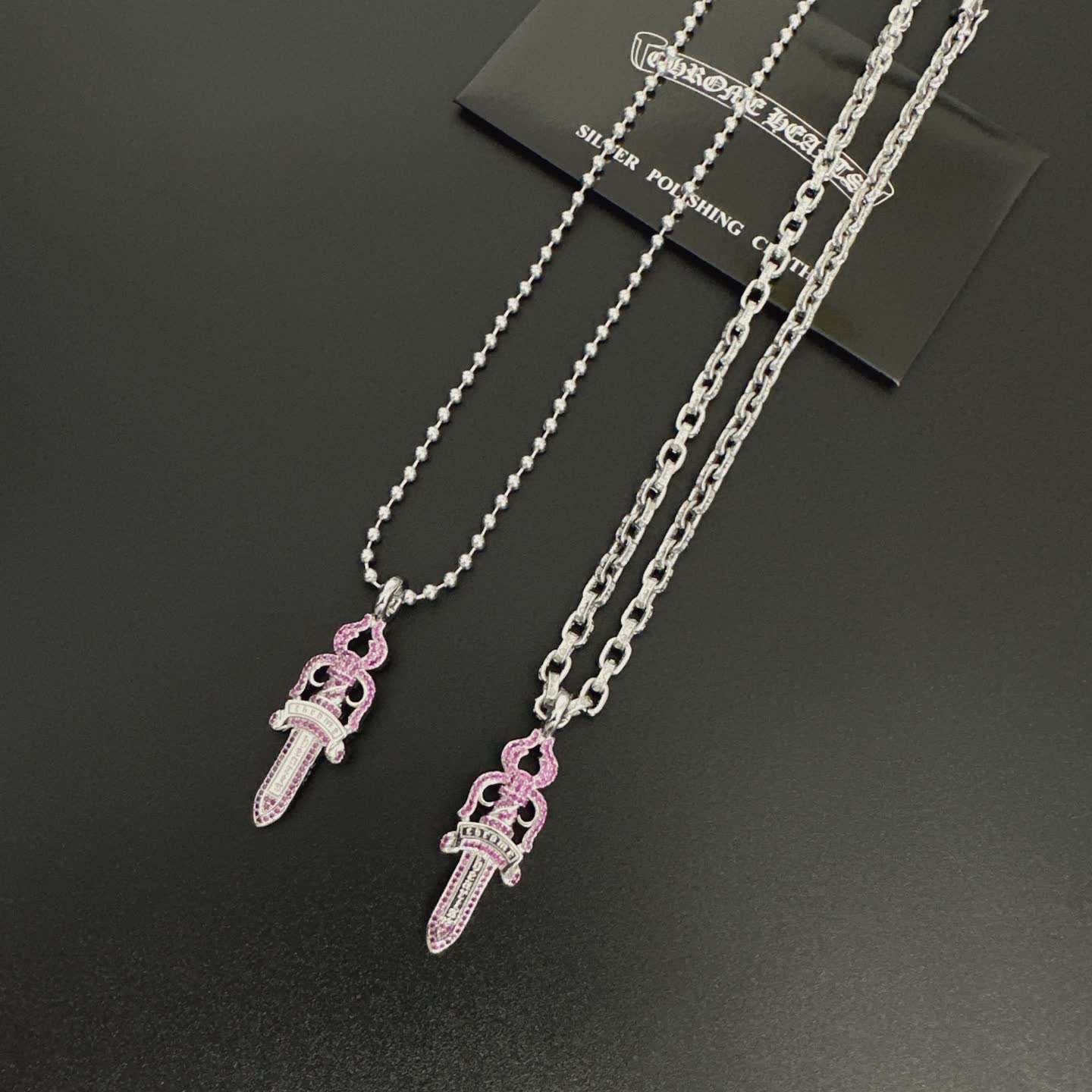 Chrome Hearts Silver Sword Pendant Necklace with Pink Stones